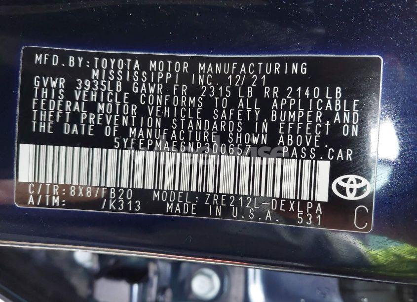 Photo 9 of 2022 Toyota Corolla LE (VIN 5YFEPMAE6NP300657)