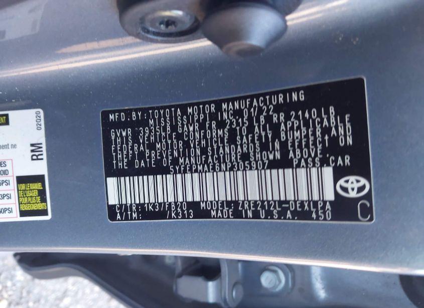 Photo 9 of 2022 Toyota Corolla LE (VIN 5YFEPMAE6NP305907)