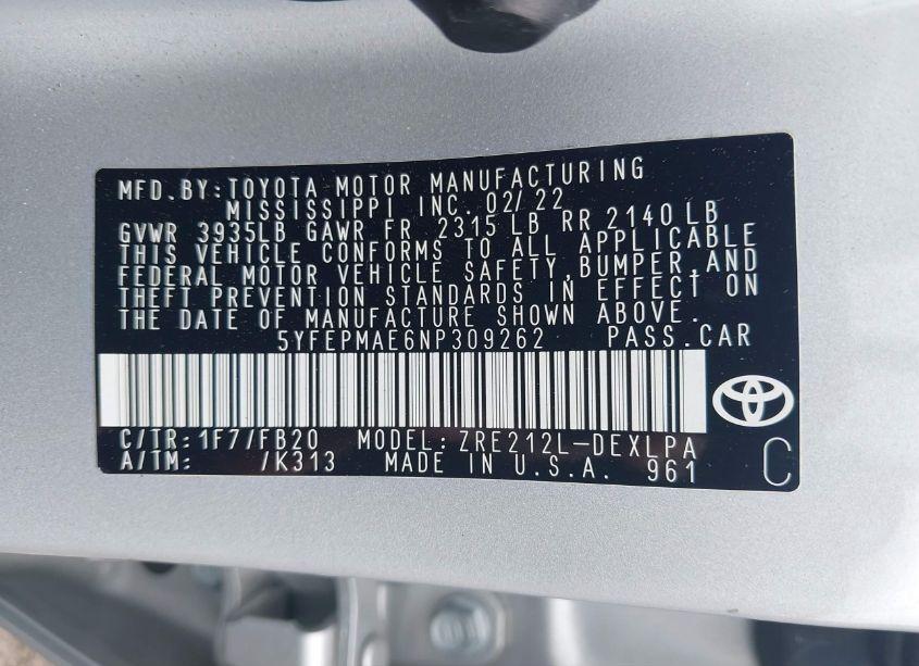 Photo 9 of 2022 Toyota Corolla LE (VIN 5YFEPMAE6NP309262)