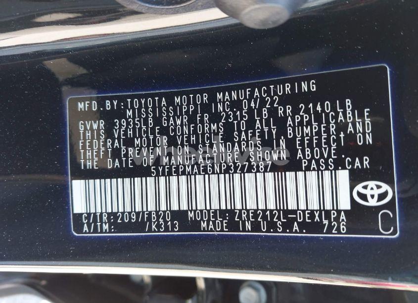 Photo 9 of 2022 Toyota Corolla LE (VIN 5YFEPMAE6NP327387)