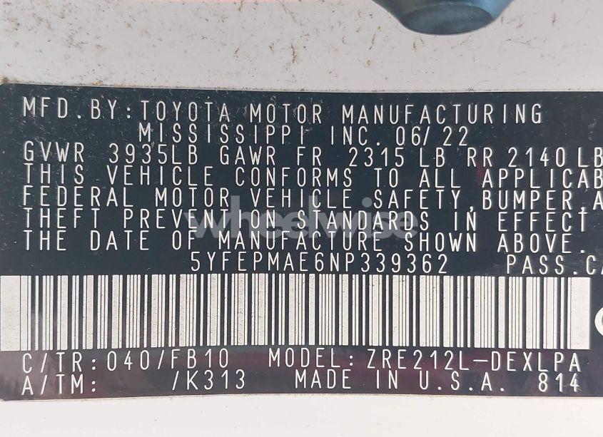 Photo 9 of 2022 Toyota Corolla LE (VIN 5YFEPMAE6NP339362)