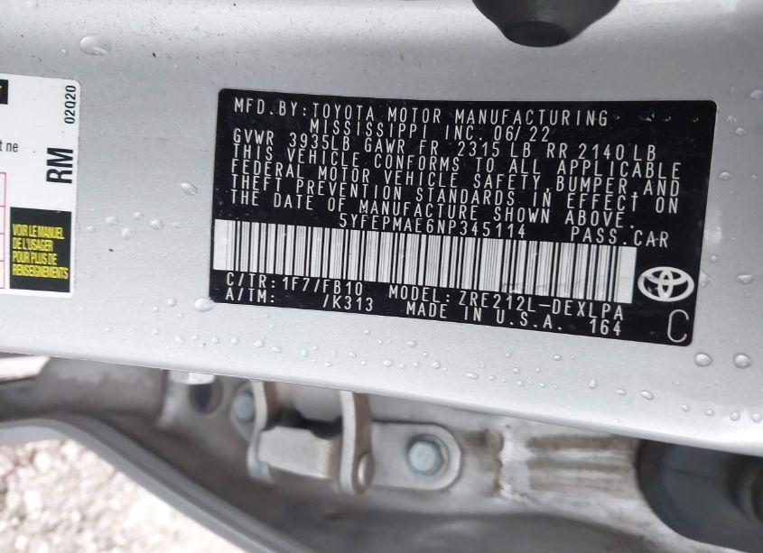 Photo 9 of 2022 Toyota Corolla LE (VIN 5YFEPMAE6NP345114)