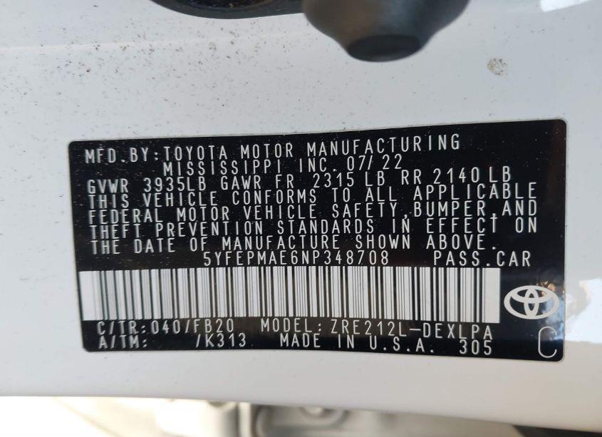 Photo 9 of 2022 Toyota Corolla LE (VIN 5YFEPMAE6NP348708)