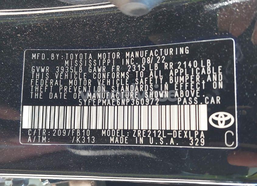 Photo 9 of 2022 Toyota Corolla LE (VIN 5YFEPMAE6NP360972)