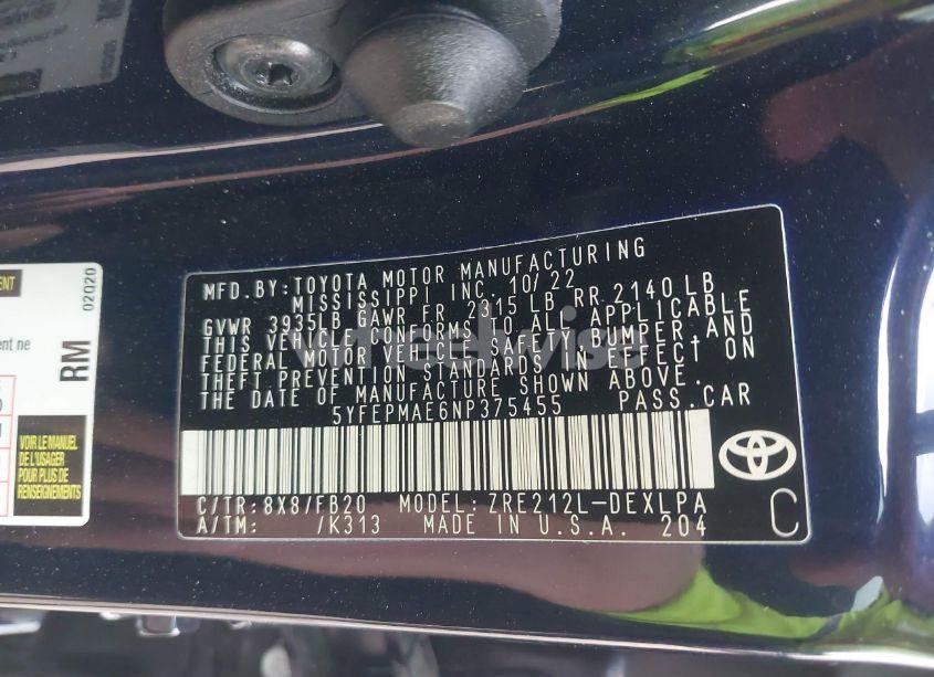 Photo 9 of 2022 Toyota Corolla LE (VIN 5YFEPMAE6NP375455)