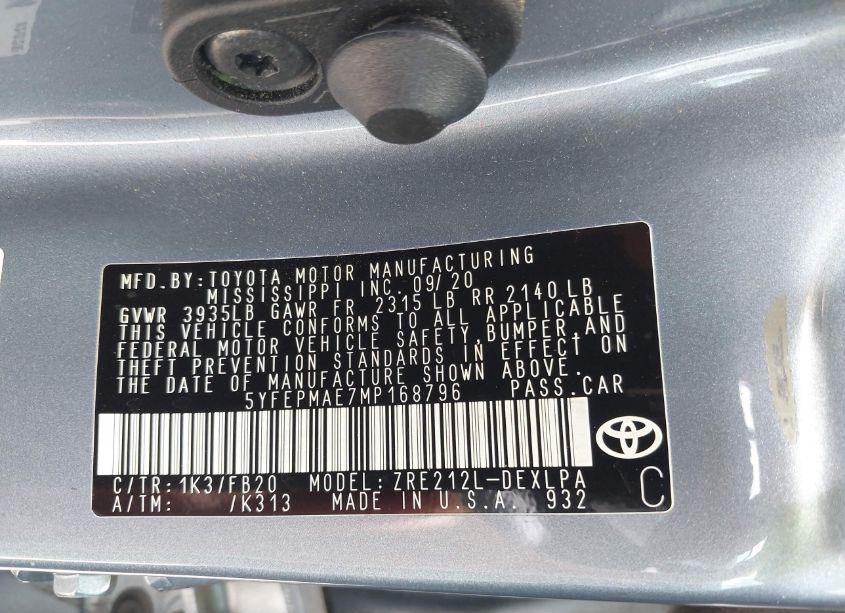 Photo 9 of 2021 Toyota Corolla LE (VIN 5YFEPMAE7MP168796)