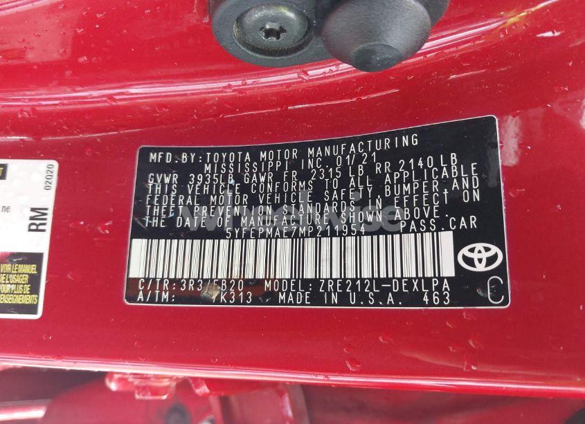 Photo 9 of 2021 Toyota Corolla LE (VIN 5YFEPMAE7MP211954)