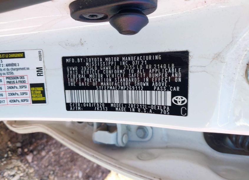 Photo 9 of 2021 Toyota Corolla LE (VIN 5YFEPMAE7MP269112)