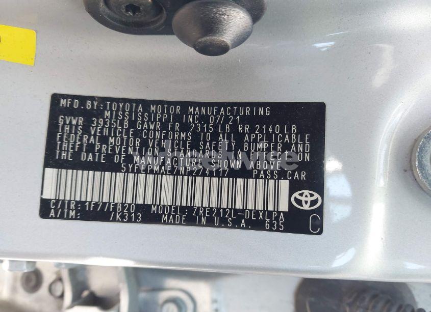 Photo 9 of 2022 Toyota Corolla LE (VIN 5YFEPMAE7NP274117)