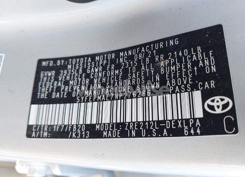 Photo 9 of 2022 Toyota Corolla LE (VIN 5YFEPMAE7NP276286)