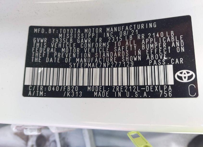 Photo 9 of 2022 Toyota Corolla LE (VIN 5YFEPMAE7NP277129)