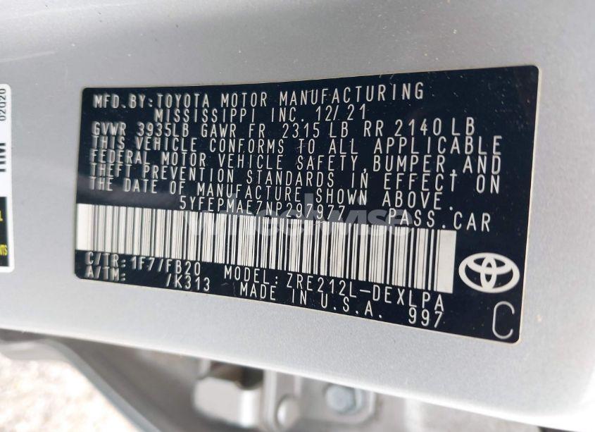 Photo 9 of 2022 Toyota Corolla LE (VIN 5YFEPMAE7NP297977)