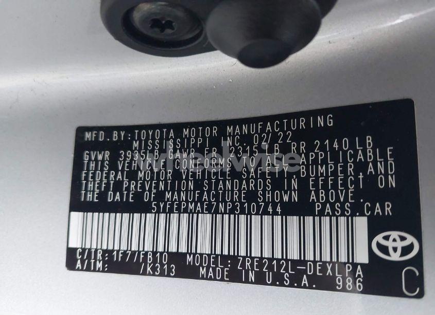 Photo 9 of 2022 Toyota Corolla LE (VIN 5YFEPMAE7NP310744)