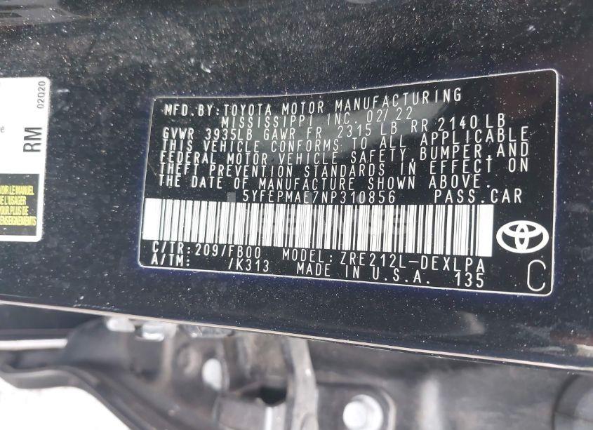 Photo 9 of 2022 Toyota Corolla LE (VIN 5YFEPMAE7NP310856)