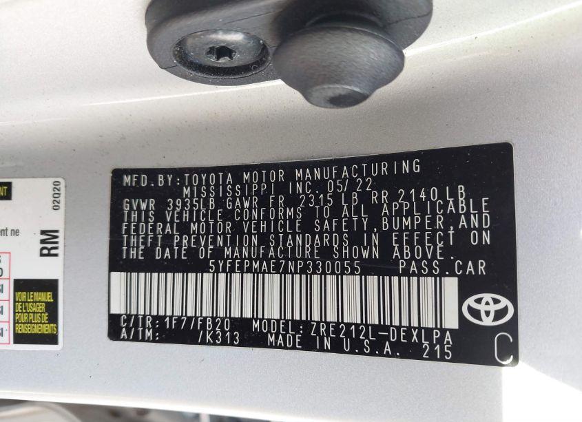 Photo 9 of 2022 Toyota Corolla LE (VIN 5YFEPMAE7NP330055)