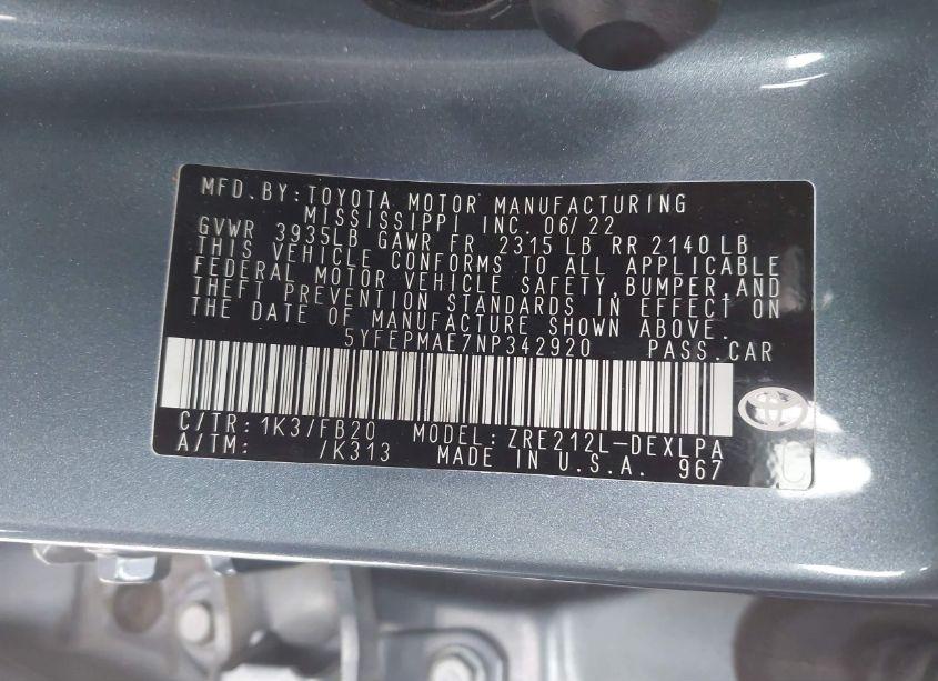 Photo 9 of 2022 Toyota Corolla LE (VIN 5YFEPMAE7NP342920)