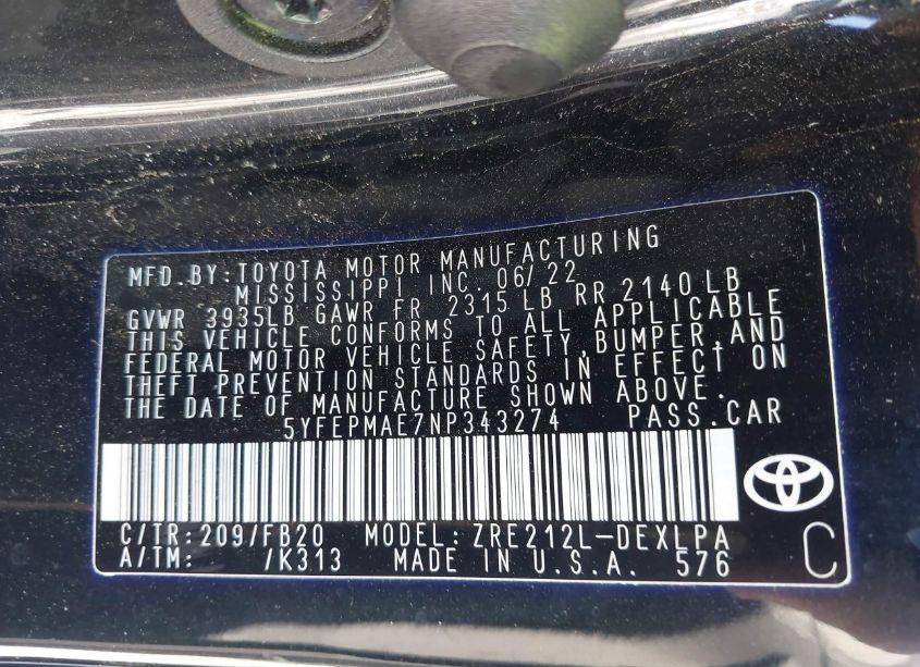 Photo 9 of 2022 Toyota Corolla LE (VIN 5YFEPMAE7NP343274)