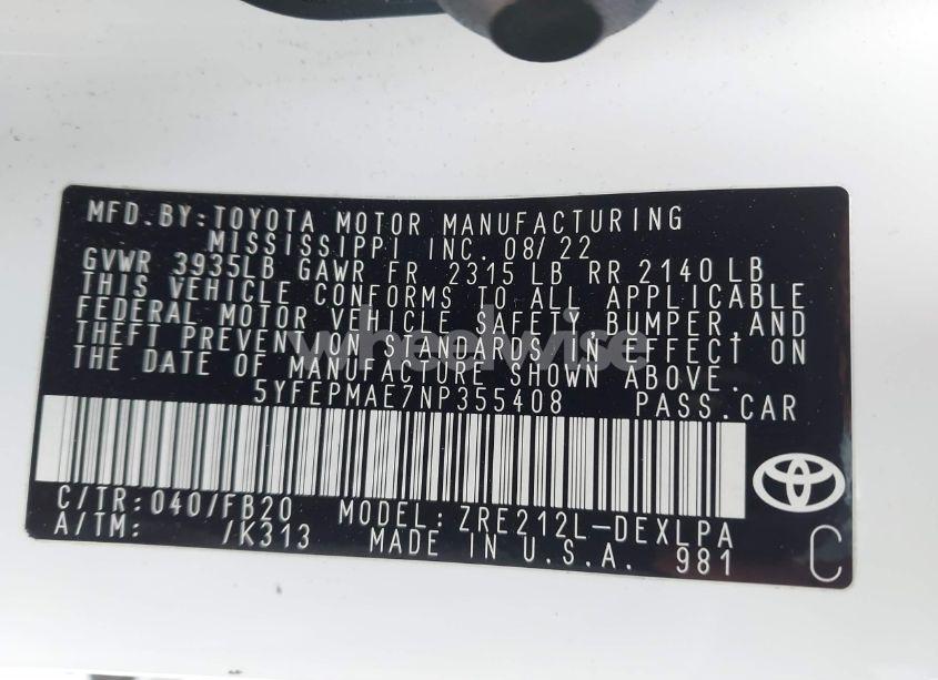 Photo 9 of 2022 Toyota Corolla LE (VIN 5YFEPMAE7NP355408)