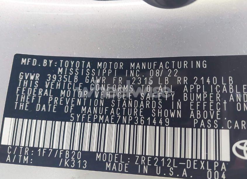 Photo 9 of 2022 Toyota Corolla LE (VIN 5YFEPMAE7NP361449)