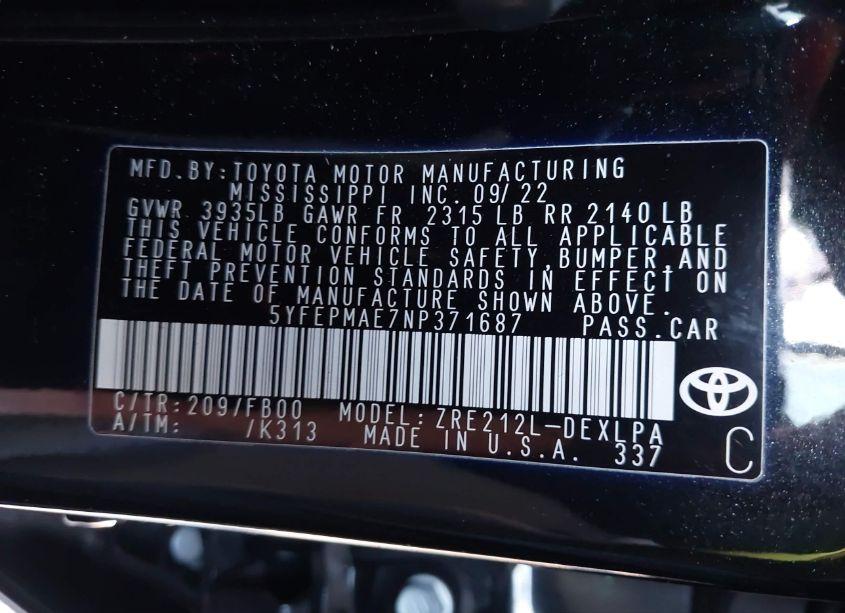 Photo 9 of 2022 Toyota Corolla LE (VIN 5YFEPMAE7NP371687)