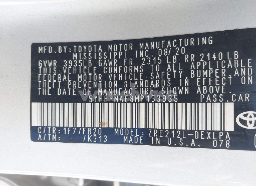 Photo 9 of 2021 Toyota Corolla LE (VIN 5YFEPMAE8MP153935)