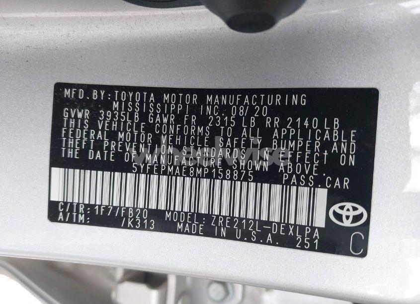 Photo 9 of 2021 Toyota Corolla LE (VIN 5YFEPMAE8MP158875)