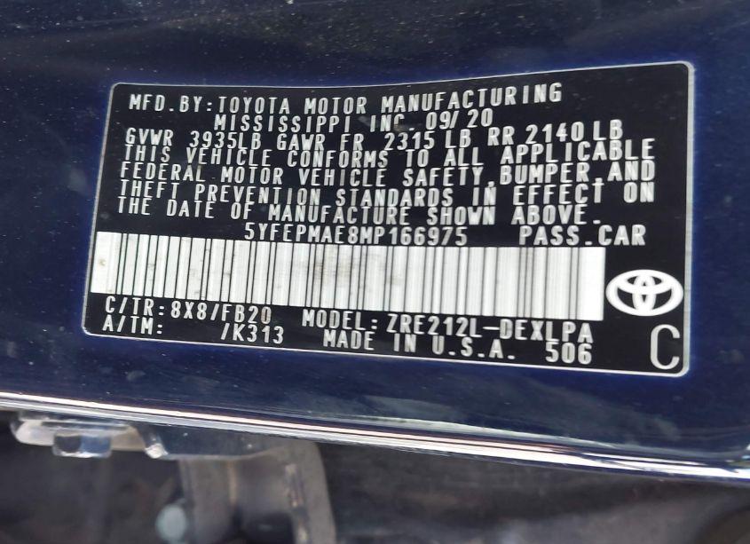 Photo 9 of 2021 Toyota Corolla LE (VIN 5YFEPMAE8MP166975)