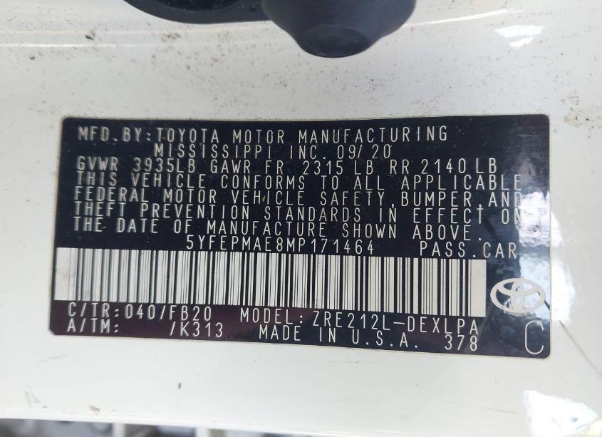 Photo 9 of 2021 Toyota Corolla LE (VIN 5YFEPMAE8MP171464)