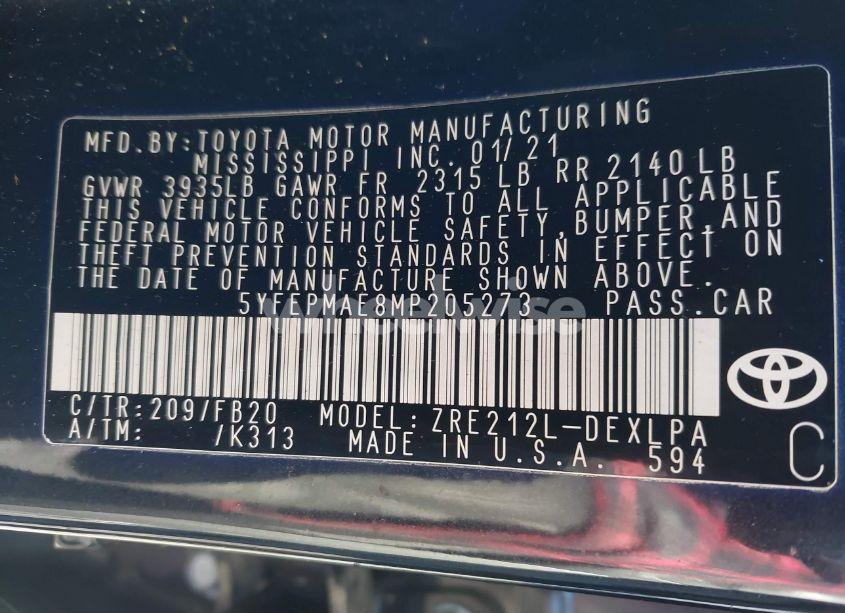 Photo 9 of 2021 Toyota Corolla LE (VIN 5YFEPMAE8MP205273)