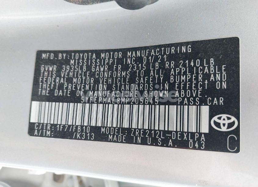 Photo 9 of 2021 Toyota Corolla LE (VIN 5YFEPMAE8MP205645)