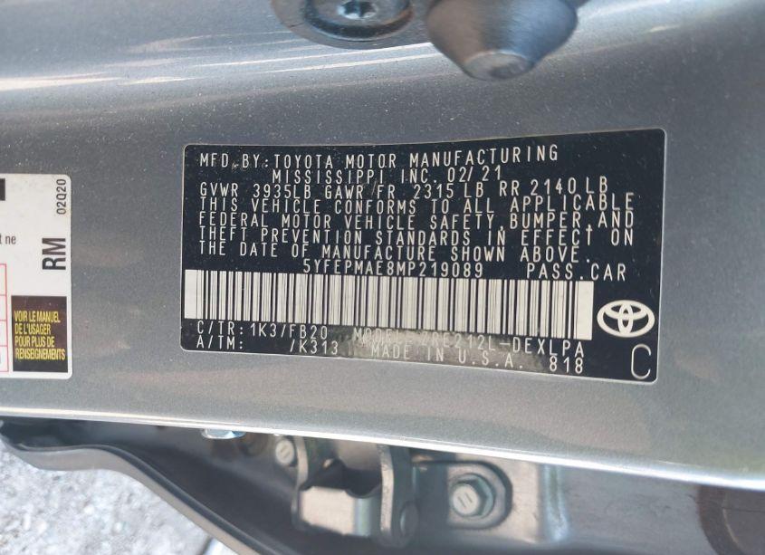 Photo 9 of 2021 Toyota Corolla LE (VIN 5YFEPMAE8MP219089)