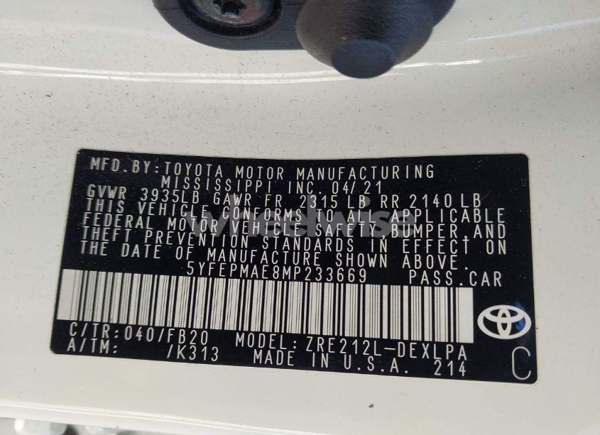 Photo 9 of 2021 Toyota Corolla LE (VIN 5YFEPMAE8MP233669)