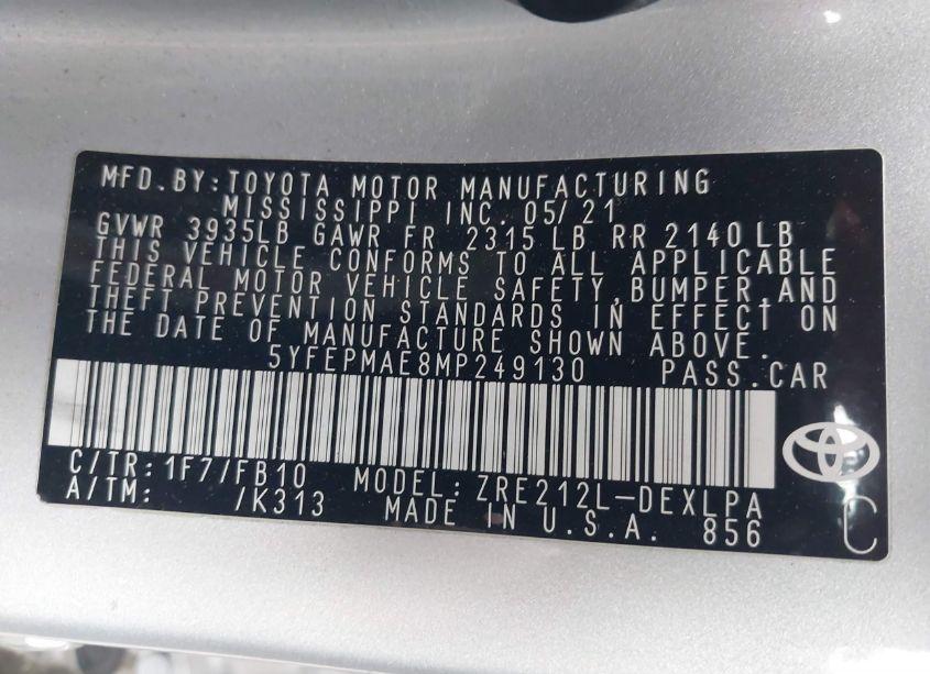 Photo 9 of 2021 Toyota Corolla LE (VIN 5YFEPMAE8MP249130)