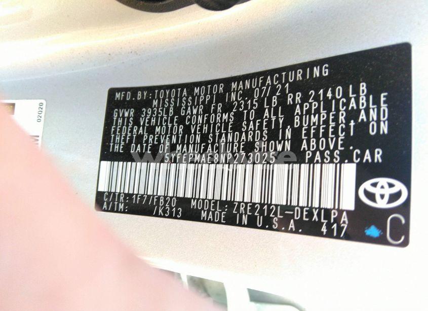 Photo 9 of 2022 Toyota Corolla LE (VIN 5YFEPMAE8NP273025)