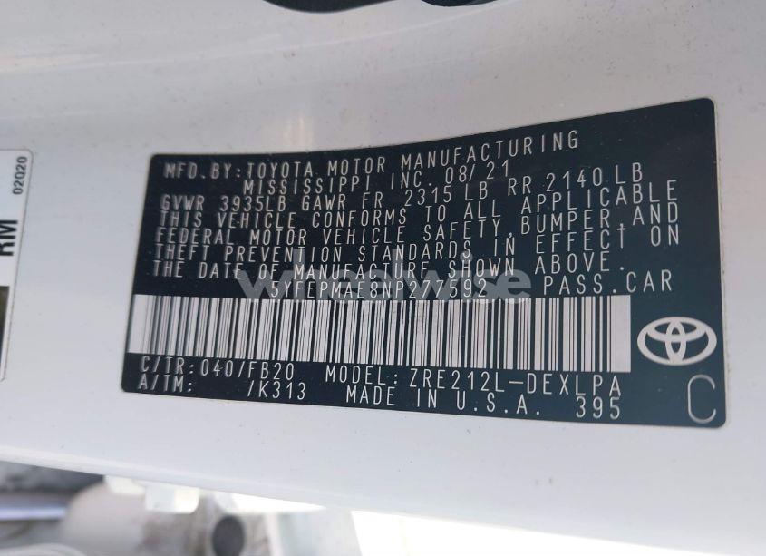 Photo 9 of 2022 Toyota Corolla LE (VIN 5YFEPMAE8NP277592)