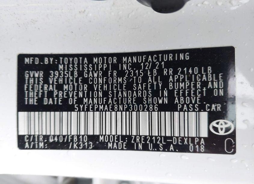 Photo 9 of 2022 Toyota Corolla LE (VIN 5YFEPMAE8NP300286)