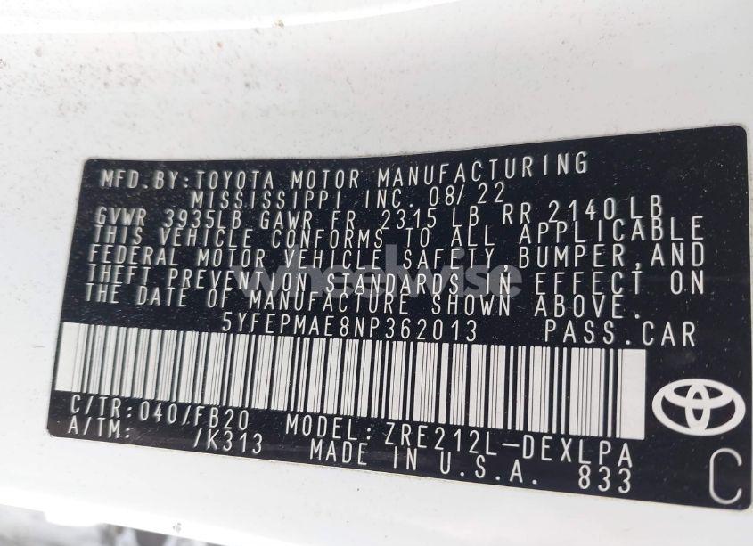 Photo 9 of 2022 Toyota Corolla LE (VIN 5YFEPMAE8NP362013)