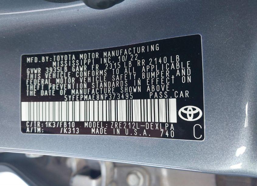 Photo 9 of 2022 Toyota Corolla LE (VIN 5YFEPMAE8NP373495)