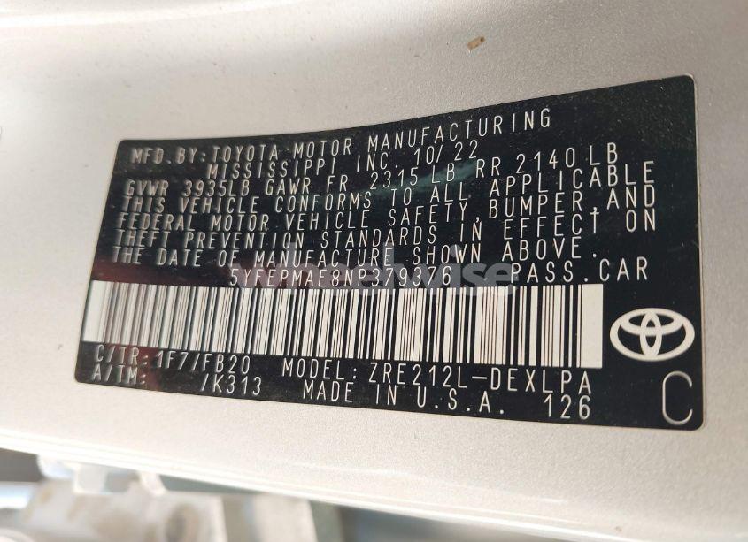 Photo 9 of 2022 Toyota Corolla LE (VIN 5YFEPMAE8NP379376)