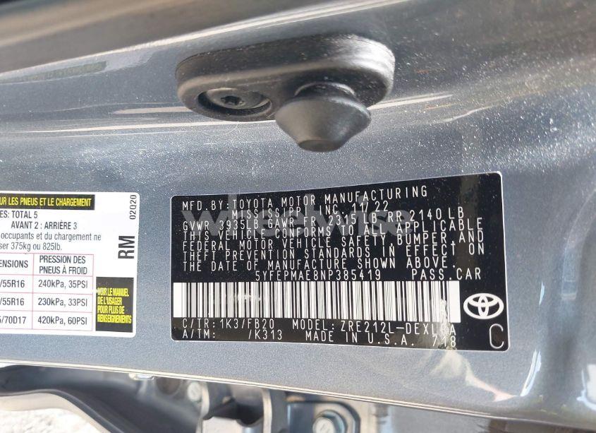 Photo 9 of 2022 Toyota Corolla LE (VIN 5YFEPMAE8NP385419)