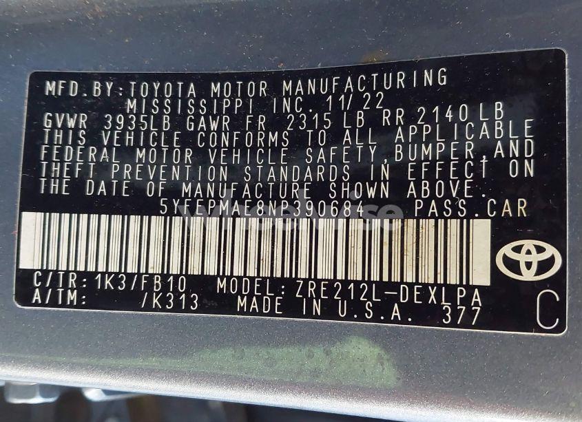 Photo 9 of 2022 Toyota Corolla LE (VIN 5YFEPMAE8NP390684)