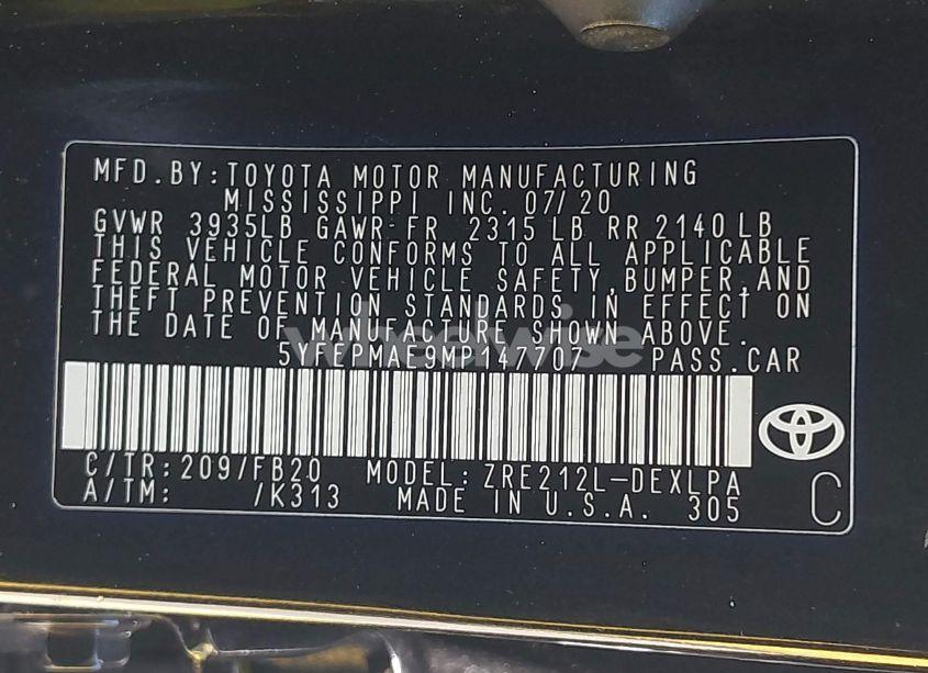 Photo 9 of 2021 Toyota Corolla LE (VIN 5YFEPMAE9MP147707)