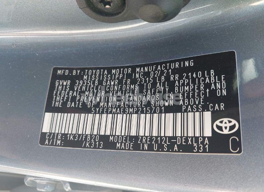 Photo 9 of 2021 Toyota Corolla LE (VIN 5YFEPMAE9MP215701)