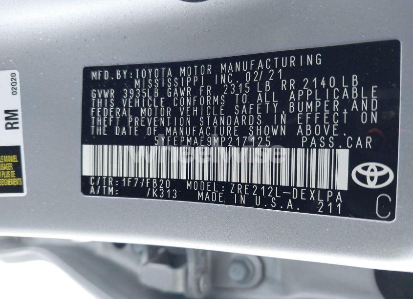 Photo 9 of 2021 Toyota Corolla LE (VIN 5YFEPMAE9MP217125)