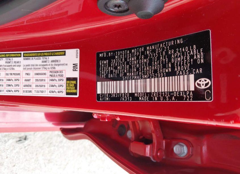 Photo 9 of 2021 Toyota Corolla LE (VIN 5YFEPMAE9MP252991)