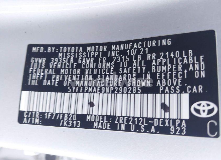 Photo 9 of 2022 Toyota Corolla LE (VIN 5YFEPMAE9NP290285)