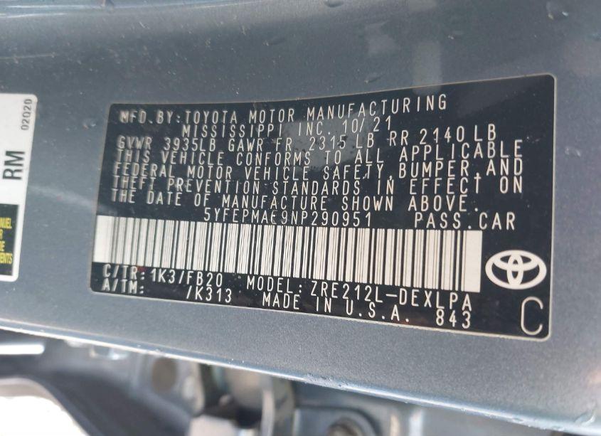 Photo 9 of 2022 Toyota Corolla LE (VIN 5YFEPMAE9NP290951)