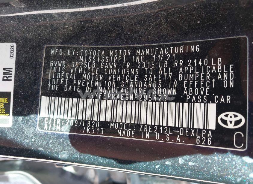 Photo 9 of 2022 Toyota Corolla LE (VIN 5YFEPMAE9NP295423)