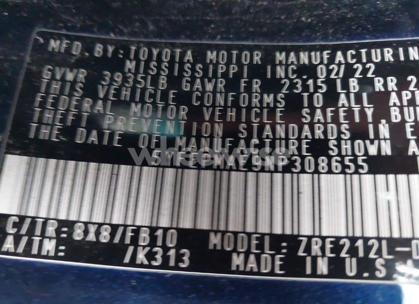 Photo 9 of 2022 Toyota Corolla LE (VIN 5YFEPMAE9NP308655)