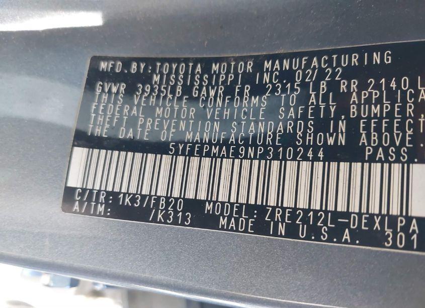 Photo 9 of 2022 Toyota Corolla LE (VIN 5YFEPMAE9NP310244)